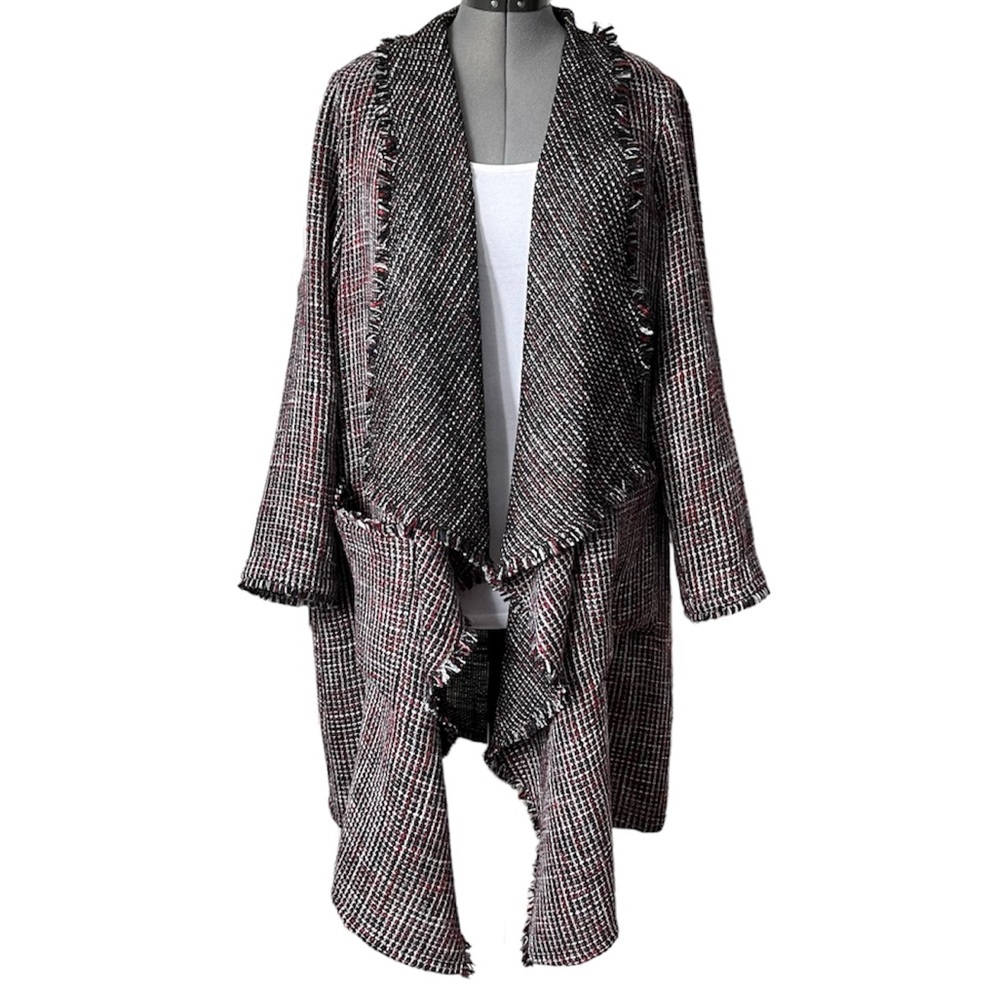 Textured tweed woven long line fringed topper jacket XL